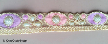 Gold Sheer Net Trim, Beige, Purple And Green / Pink Embroidery With FlatBack White Beads Embellishments